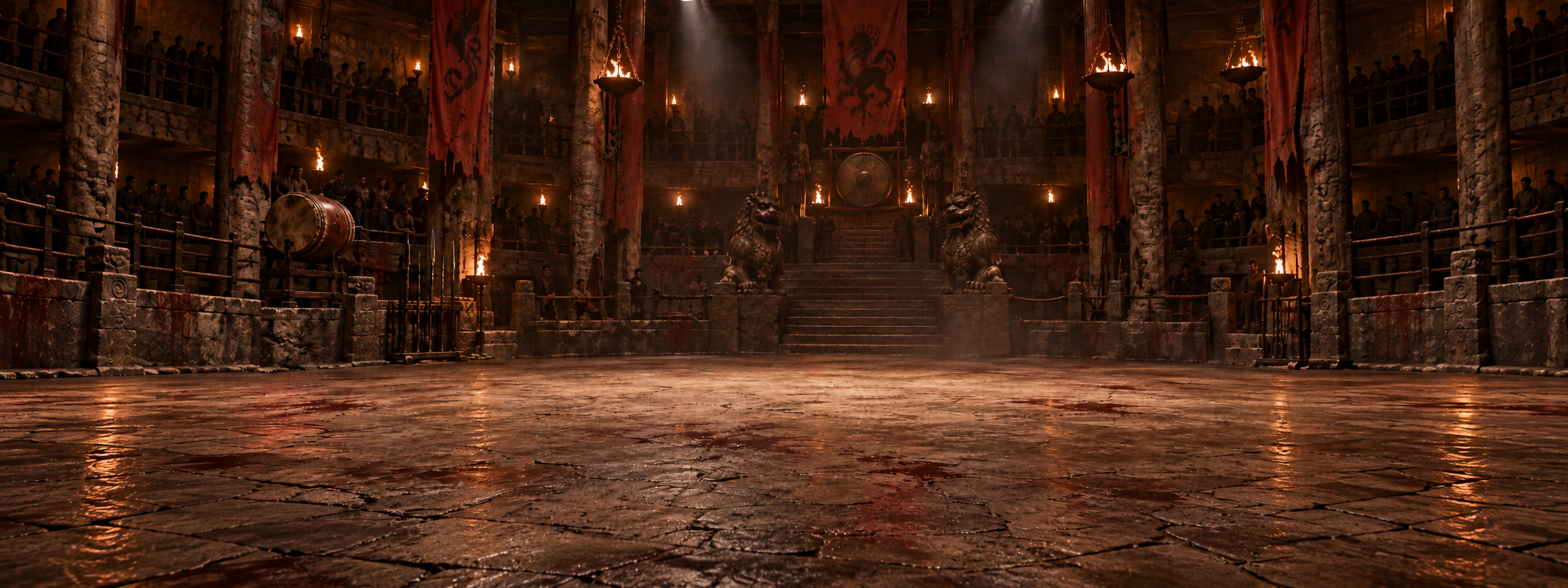 Torchlit Bloodsport-inspired indoor fighting hall with red dragon banners, crowded balconies, stone guardian lions and a large gong above the stairs
