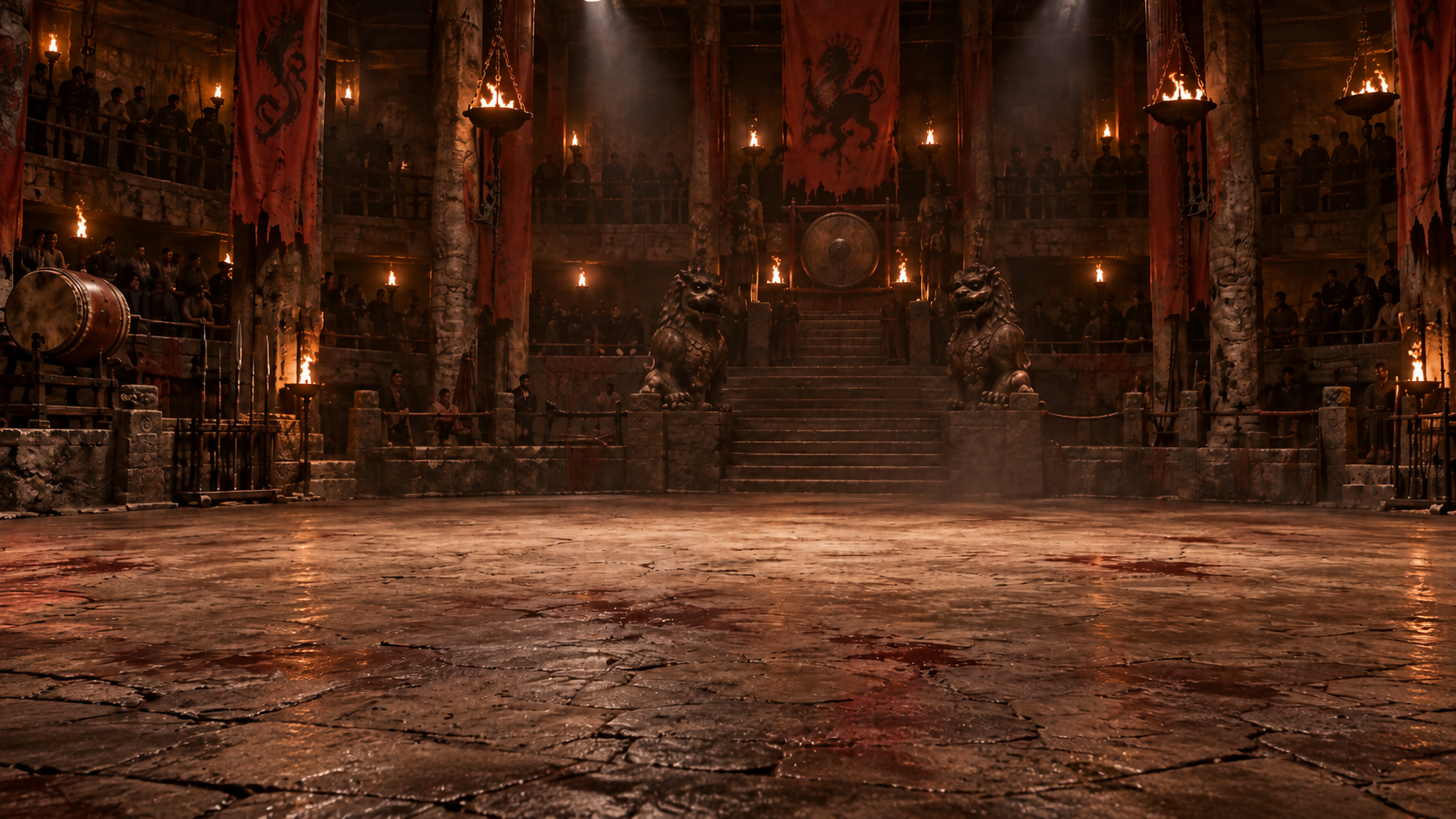 Torchlit Bloodsport-inspired indoor fighting hall with red dragon banners, crowded balconies, stone guardian lions and a large gong above the stairs